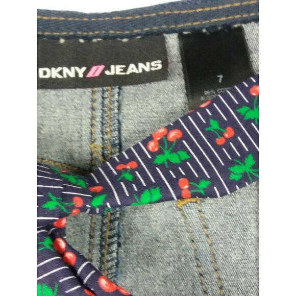 Crafted Denim Apron Repurposed Ruffle Jean Pockets Cooking Kitchen Blue Cherry - Picture 6 of 8